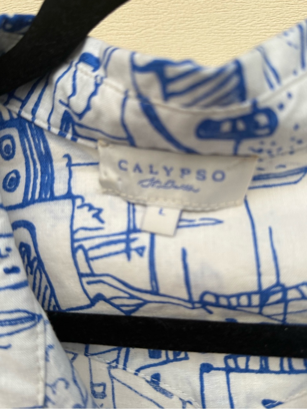 Calypso St,Barth Linen Blend Toile Coastal Croo top Shirt Blue White Size Large - Picture 3 of 9